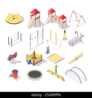 Children playground icon set, vector flat isolated illustration. Isometric jumping trampolines, slide, swing, spring rocker, carousel, sandbox, etc. Play, sport and park equipment for outdoors.. Children playground icon set, vector isometric isolated illustration Stock Vector