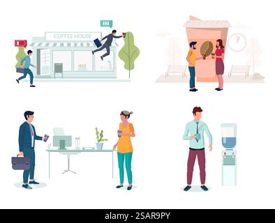 Office people taking coffee break icon set, vector illustration. Male and female characters business people colleagues friends drinking takeaway coffee and water from cooler.. Office people taking coffee break set, vector illustration Stock Vector