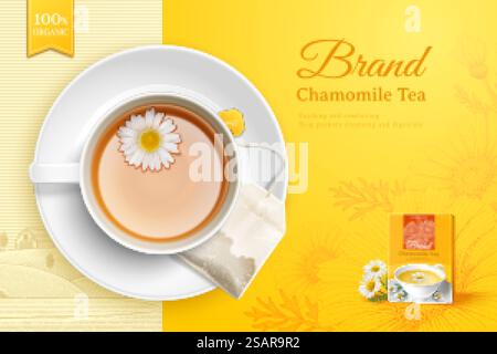 Engraved chamomile tea promo banner Stock Vector