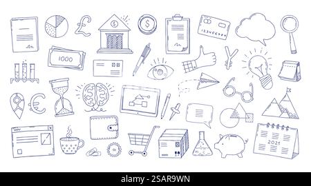 Doodle icons. Hand drawn business signs. Creative sketch of bank or success startup. Paper letters or notes. Isolated scientific and financial symbols. Vector minimal decorative graphic elements set. Doodle icons. Hand drawn business signs. Creative sketch of bank or success startup. Paper letters or notes. Scientific and financial symbols. Vector minimal decorative elements set Stock Vector