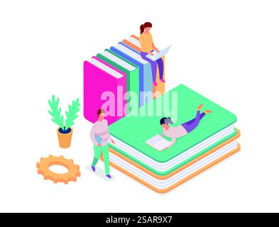 Isometric online library, stack of books for education. Vector of stack education knowledge, isometric book library, illustration of student learning. Isometric online library, stack of books for education Stock Vector