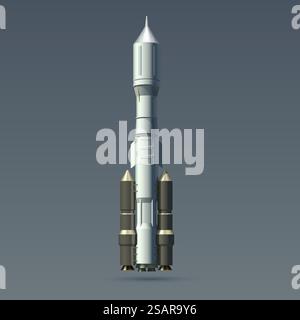 Rocket. Realistic heavy rocket and space module. 3D isolated spacecraft mockup. Interstellar spaceship for astronaut flight in cosmos and universe exploration. Vector interplanetary flying machine. Rocket. Realistic heavy rocket and space module. 3D spacecraft mockup. Interstellar spaceship for astronaut flight in cosmos and universe exploration. Vector interplanetary machine Stock Vector