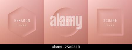 Set of realistic 3d geometric hexagon, circle and square frame on luxury pink gold background. Collection of Minimal frames background with copy space. Top view for product display. Light and Shadow. Stock Vector
