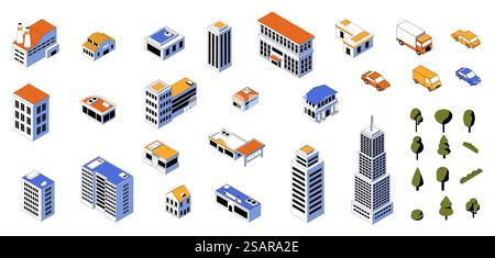 Isometric city kit. 3D buildings low poly urban constructor with cars and modern architecture. Business and residential houses. Stores or industrial factories. Vector cityscape isolated elements set. Isometric city kit. 3D buildings low poly constructor with cars and modern architecture. Business and residential houses. Stores or industrial factories. Vector cityscape elements set Stock Vector