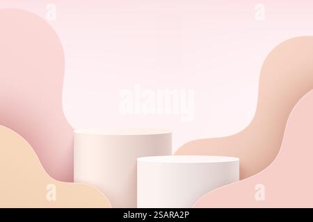 Abstract White and Pink 3D cylinder pedestal or stand podium with layer wavy backdrop. Luxury light pink minimal scene for cosmetic product display presentation. Vector geometric rendering platform. Stock Vector
