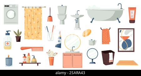 Bathroom accessories set. Cartoon toilet hygiene equipment, soap gel shampoo, sink with mirror towel and bathtub faucet. Vector flat collection of bathroom set to hygiene in toilet illustration. Bathroom accessories set. Cartoon toilet hygiene equipment, soap gel shampoo, sink with mirror towel and bathtub faucet. Vector flat collection Stock Vector