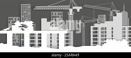 Construction site, vector illustration in paper art modern craft style. House construction, home building industry concept for poster, banner, website page etc.. Construction site, vector illustration in paper art style Stock Vector