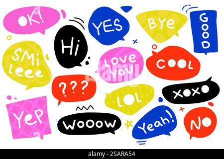 Dialogue bubbles with phrases. Comic speech balloons for greeting and expression, colorful text chat shapes. Vector isolated collection of comic talk message cloud illustration. Dialogue bubbles with phrases. Comic speech balloons for greeting and expression, colorful text chat shapes. Vector isolated collection Stock Vector