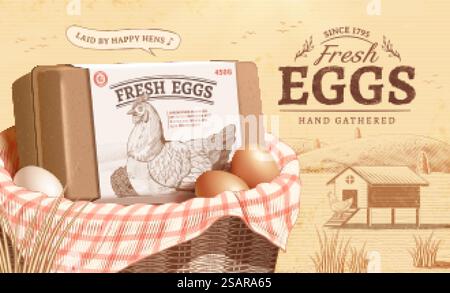 Vintage ad template design for fresh farm product in engraving style. A wooden basket displaying some eggs and a labeled carton. Concept of free-range chicken and fresh farm egg. Egg ad template in engraving style Stock Vector
