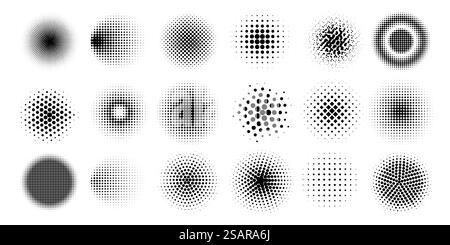 Halftone circles. Abstract comic pop art graphic elements. Dots shapes with shadow gradient effects. Web painter brush templates. Isolated black spray spots. Vector geometric minimal round forms set. Halftone circles. Abstract comic pop art graphic elements. Dots shapes with shadow gradient effects. Web painter brush templates. Black spray spots. Vector geometric minimal forms set Stock Vector
