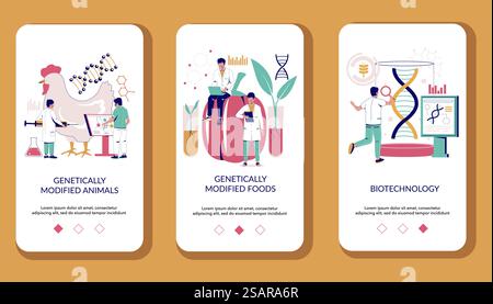 Biotechnology mobile app onboarding screens. Menu banner vector template for website and application development. Genetic engineering, genetically modified plants and animals.. Biotechnology mobile app onboarding screens vector template Stock Vector