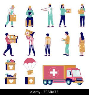 Humanitarian aid characters, vector flat isolated illustration. Volunteers, needy people, donation boxes with food, clothing medical supplies, humanitarian aid truck. Social support, volunteering.. Humanitarian aid characters, vector flat isolated illustration Stock Vector