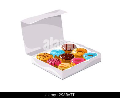 Donuts in the box. Sweet snack dough in box, chocolate cake dough in paper box with logo, appetizing glazed dessert. Vector colorful set of snack food in box illustration. Donuts in the box. Sweet snack dough in box, chocolate cake dough in paper box with logo, appetizing glazed dessert. Vector colorful set Stock Vector