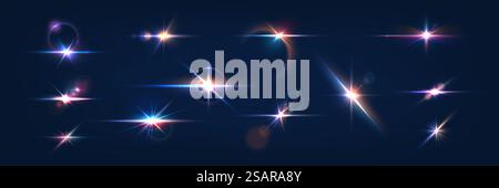 Flash. Realistic flares. Glowing effects. Photography camera light or sunlight reflection from lens. Shiny stars in space. Isolated glints set. Sparkle glares. Vector shimmering element templates. Flash. Realistic flares. Glowing effects. Photography camera light or sunlight reflection from lens. Stars in space. Isolated glints set. Sparkle glares. Vector shimmering elements Stock Vector