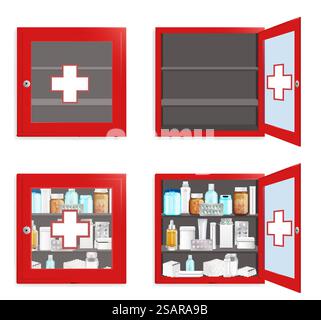 Medical wall box set, vector flat isolated illustration. Red medicine chest first aid kit. Medical cabinet for safe medication storage.. Medical wall box set, vector flat isolated illustration Stock Vector