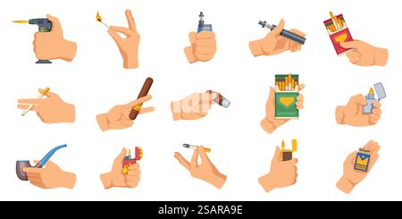 Hands with cigarettes. Cartoon men and women holding e-cigarette devices, modern electronic cigarette concept with vape liquid and vapor. Vector flat banner set. Tobacco products in arms. Hands with cigarettes. Cartoon men and women holding e-cigarette devices, modern electronic cigarette concept with vape liquid and vapor. Vector flat banner set Stock Vector