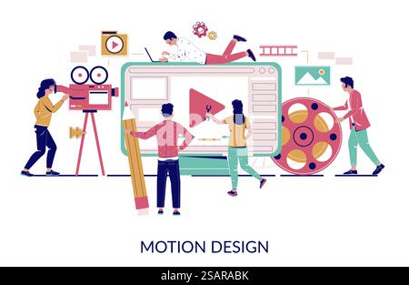 Creative professionals team animators, designers creating animated movie, vector flat illustration. Animation and motion graphics studio, animation industry.. Motion graphic studio, vector flat style design illustration Stock Vector