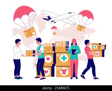 Volunteers giving donation boxes to needy people, vector flat illustratin. Medical supplies, food and clothing donation. Humanitarian aid concept for web banner, website page etc.. Humanitarian aid vector concept for web banner, website page Stock Vector