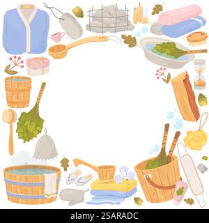 Round frame advertisement banner with sauna bath tools, bathhouse equipment, hygiene accessories and blank empty space for text. Round frame banner with sauna bath tools and equipment Stock Vector