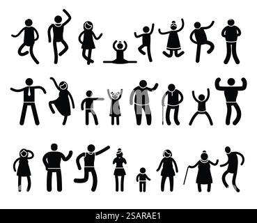 Stick people poses. Black silhouettes of stickman characters in different action and posture, yoga and simple postures. Vector isolated set of silhouette black figure illustration. Stick people poses. Black silhouettes of stickman characters in different action and posture, yoga and simple postures. Vector isolated set Stock Vector