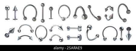 Piercing jewelry. Realistic metal nose rings. 3D earrings and pierced face and body accessories set. Isolated silver cones and balls. Steel hoops or barbells. Vector metallic bijouterie collection. Piercing jewelry. Realistic metal nose rings. 3D earrings and pierced face and body accessories set. Silver cones and balls. Hoops or barbells. Vector metallic bijouterie collection Stock Vector