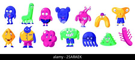 Cute abstract monsters. Doodle funny shapes alien characters with different emotions, figures with cute faces. Vector childish monster set. Colorful fantastic beasts with various expressions. Cute abstract monsters. Doodle funny shapes alien characters with different emotions, figures with cute faces. Vector childish monster set Stock Vector