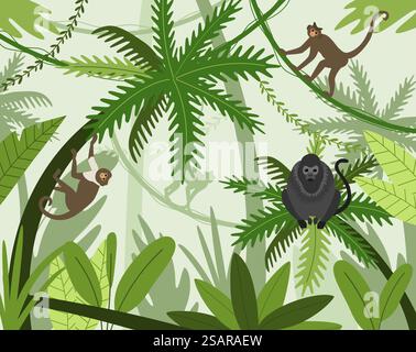 Monkeys in jungle. Cartoon apes climbing trees in green rainforest. Exotic natural background with wild animals and foliage. Palm greenery. Macaques and gibbons jumping on branches. Vector wildlife. Monkeys in jungle. Cartoon apes climbing trees in rainforest. Exotic natural background with wild animals and foliage. Macaques and gibbons jumping on branches. Vector palm greenery Stock Vector