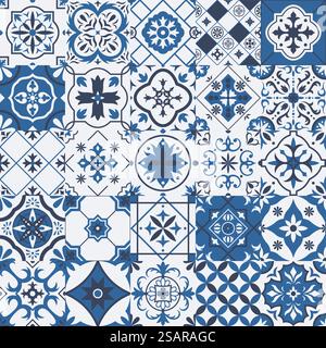 Traditional mexican and portuguese porcelain ceramic patterns. Azulejo, talavera mediterranean patchwork tile vector illustration. Ceramic ethnic folk ornament. Ceramic tile azulejo, floral mosaic. Traditional mexican and portuguese porcelain ceramic tile patterns. Azulejo, talavera mediterranean patchwork tile vector illustration set. Ceramic ethnic folk ornament Stock Vector