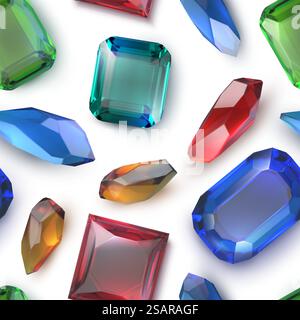 Crystal pattern. Treasure gemstones seamless texture. Realistic shiny diamonds. Premium emeralds. Glowing sapphires and brilliant topazes. Decorative luxury precious stones. Vector jewel background. Crystal pattern. Gemstones seamless texture. Realistic shiny diamonds. Premium emeralds. Glowing sapphires and brilliant topazes. Decorative precious stones. Vector jewel background Stock Vector