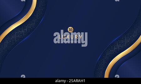 Dark navy blue and gold curve wavy shapes on background with glowing golden striped lines and glitter. Luxury and elegant. Abstract template design. Design for presentation, banner, cover. EPS10 vector Stock Vector