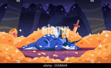 Cartoon dragon on gold. Fairy tale creature beast lying on pile of treasures in dark cave. Child flying dinosaur character. Fictional reptile sleeping in dungeon with golden coins. Vector background. Cartoon dragon on gold. Fairy tale creature beast lying on pile of treasures in dark cave. Flying dinosaur character. Reptile sleeping in dungeon with golden coins. Vector background Stock Vector