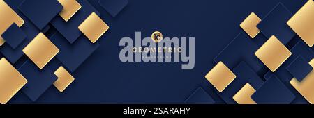 Modern dark blue and golden color square overlap pattern on dark background with shadow. Abstract trendy color geometric shape with copy space. Luxury and elegant concept. Vector EPS10. Stock Vector
