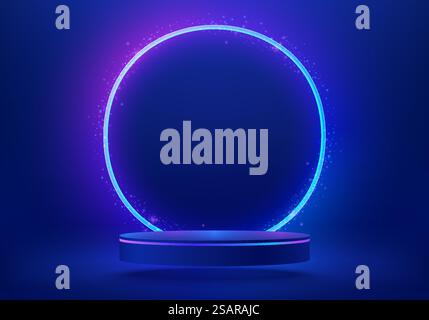 Abstract blue cylinder pedestal podium. Sci-fi blue abstract room with glowing circle ring neon lamp lighting. Vector rendering 3d shape, Product display mockup. Futuristic scene. Stage for showcase. Stock Vector