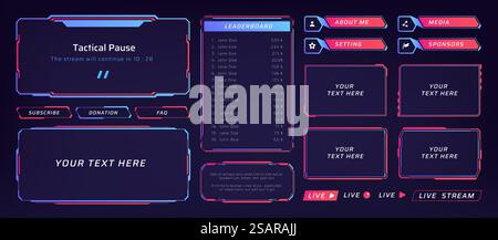 Game frame. Stream overlay banner with buttons and video player UI template. Futuristic live interface. Isolated playing streaming show graphic tags mockup. Vector square digital panel elements set. Game frame. Stream overlay banner with buttons and video player UI template. Futuristic live interface. Isolated streaming show graphic tags mockup. Vector square digital elements set Stock Vector