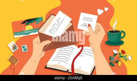 Write letter. Cartoon hands holding opened paper mail. Envelope with stamp and postcard. Person reads greeting card and drinks coffee. Correspondence postal delivery. Vector handwritten communication. Write letter. Hands holding opened paper mail. Envelope with stamp and postcard. Person reads greeting card and drinks coffee. Correspondence delivery. Vector handwritten communication Stock Vector