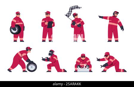 Racing engineers. Race car team. Pit stop workers in red uniform. Cartoon driver and maintenance mechanics change automobile wheels and wave flag. Isolated auto technicians set. Vector repair service. Racing engineers. Race car team. Pit stop workers in uniform. Driver and maintenance mechanics change automobile wheels and wave flag. Isolated auto technicians set. Vector repair service Stock Vector
