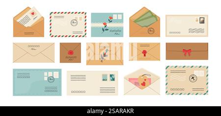Letters. Cartoon envelopes. Opened and closed mail with post stamps. Postal correspondence delivery. Sending greeting cards and invitation. Isolated paper message templates set. Vector cute postcards. Letters. Cartoon envelopes. Opened and closed mail with post stamps. Correspondence delivery. Sending greeting cards and invitation. Isolated paper message templates set. Vector postcards Stock Vector
