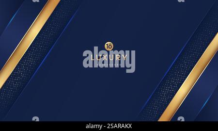 Dark navy blue and gold geometric shapes on background with glowing golden striped lines and glitter. Luxury and elegant. Abstract template design. Design for presentation, banner, cover. EPS10 vector Stock Vector