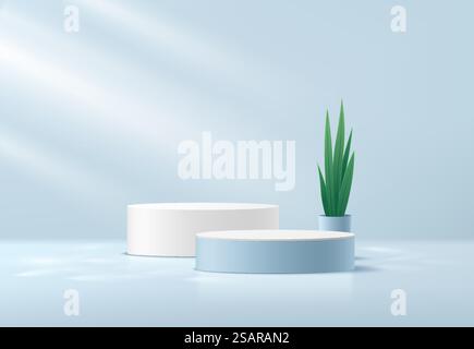 White and light blue cylinder platform podiums. Window lighting. Plant pot and green leave. blue minimal wall scene with shadow. Abstract vector rendering 3d shape for product display presentation. Stock Vector