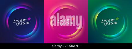 Set of blue, red-purple, green frame design. Abstract 3D cosmic vibrant color circle backdrop. Collection of glowing neon color on geometric background with copy space. Top view. futuristic style Stock Vector