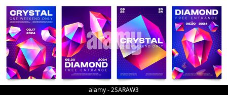 Abstract crystal posters. Triangular gemstone badges with shiny reflections, trendy jewel badges with reflections and glossy shine. Vector polygonal set. Multicolored gems flyers or brochures. Abstract crystal posters. Triangular gemstone badges with shiny reflections, trendy jewel badges with reflections and glossy shine. Vector polygonal set Stock Vector