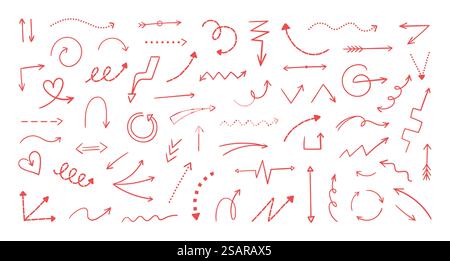 Doodle arrows. Hand drawn direction signs. Cartoon abstract line sketch. Pencil graphic art. Isolated mathematic red symbols. Minimalistic way pointers. Funny scribble background. Vector icons set. Doodle arrows. Hand drawn direction signs. Cartoon abstract sketch. Pencil graphic art. Mathematic red symbols. Minimalistic way pointers. Funny scribble background. Vector icons set Stock Vector