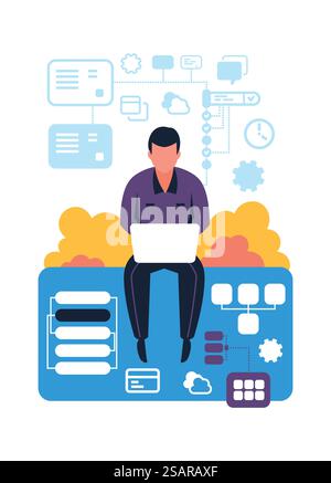 Successfully organizing workflow. Time management concept. Cartoon man working with laptop. Effective job planning. Business workers makes schedule of tasks and deadlines. Vector agenda optimization. Successfully organizing workflow. Time management concept. Man working with laptop. Effective job planning. Workers makes schedule of tasks and deadlines. Vector agenda optimization Stock Vector