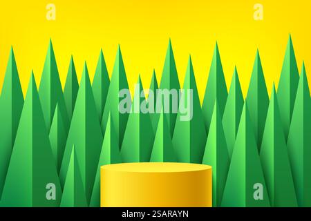 Yellow platform podium. Green triangle shape overlap on yellow background. Abstract wall scene. Geometric pedestal natural summer concept. Vector rendering 3d shape for product display presentation. Stock Vector
