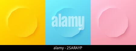 Set of abstract 3d bright yellow, blue and pink pastel color hexagon frame design for cosmetic product. Collection of minimal geometric background with copy space. Top view scene. Vector EPS10 Stock Vector