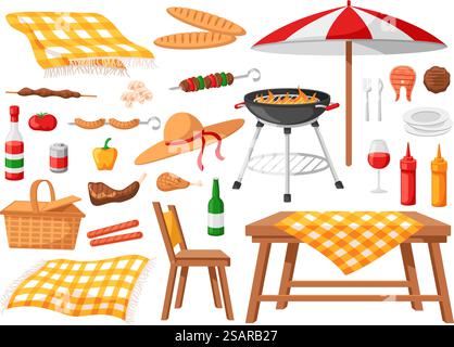 Summer picnic elements. Blanket, basket and outdoors weekend BBQ grill food. Lifestyle vector illustration set for outdoor leisure, bbq and drink, appetizing breakfast. Summer picnic elements. Blanket, basket and outdoors weekend BBQ grill food. Lifestyle vector illustration set Stock Vector