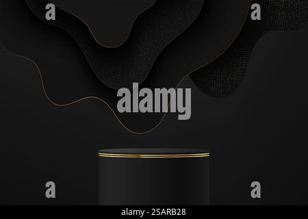 Abstract 3D black and gold realistic cylinder stand podium with golden glitter in layers wavy shapes. Luxury black friday scene for product display presentation. Vector geometric rendering platform. Stock Vector