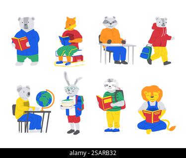 Animals at school. Cartoon creatures reading books. Cute characters study. Hare carrying stack of textbooks. Lion or fox enjoying of literature. Raccoon and koala sitting at desks. Vector pupils set. Animals at school. Cartoon creatures reading books. Characters study. Hare carrying textbooks. Lion or fox enjoying of literature. Raccoon and koala sitting at desks. Vector pupils set Stock Vector