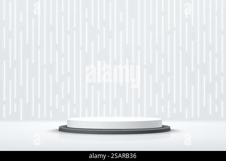 Realistic 3d silver cylinder pedestal podium with Sci-fi white abstract room concept and speed vertical glowing neon lighting. Vector rendering product display presentation. Futuristic minimal scene. Stock Vector