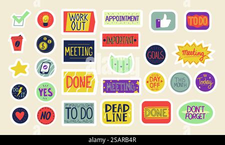 Planner stickers. Cartoon marks for notebook or diary, agenda and reminder. Isolated attention or motivation cute symbols. Colorful collection of schedule decorations with lettering, vector flat set. Planner stickers. Cartoon marks for notebook or diary, agenda and reminder. Isolated attention or motivation symbols. Collection of schedule decorations with lettering, vector flat set Stock Vector